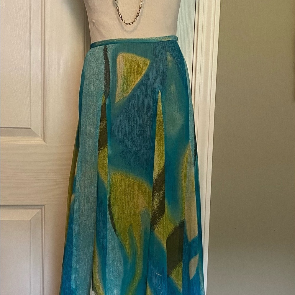 Evan Picone Teal and Olive Abstract Print Midi Skirt